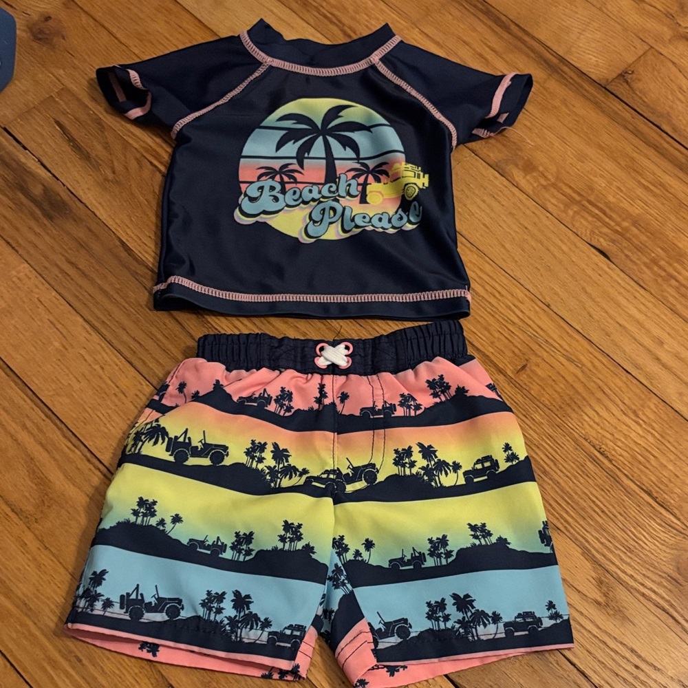 Kids Navy Rash Guard Set with Sunset Print - Beach Please